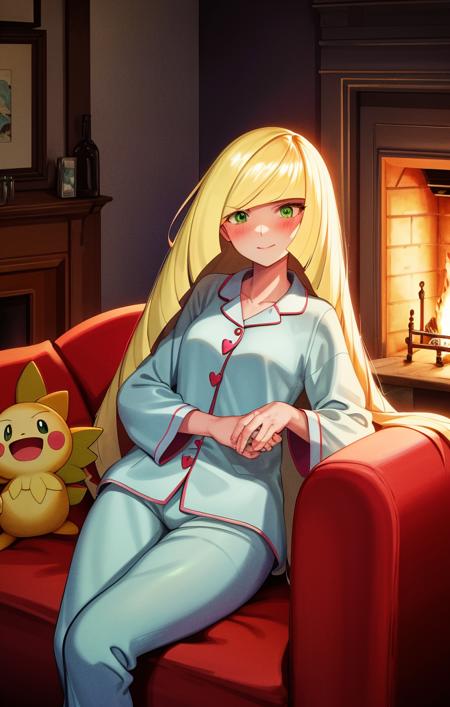 43983-201665767-soft lighting, painted, ink, outlines, glowing, indoors, living room, fireplace, pajamas, laying on couch, lusamine [pokemon], 1.png